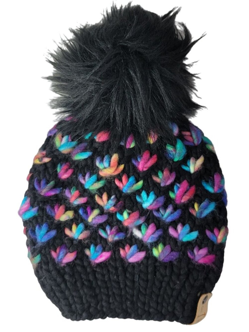 907 Knits Beanie Pom Pom Hat Black Multicolor Rainbow Fresh Tracks Lotus Flower